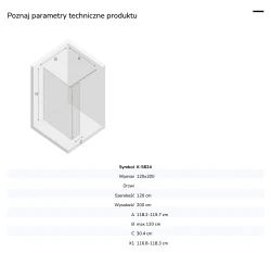 Kabina walk-in o uniwersalnym montażu (dowolna strona), z dodatkowym skrzydłem wahadłowym; szerokość 70–140 cm, wysokość 200 cm.