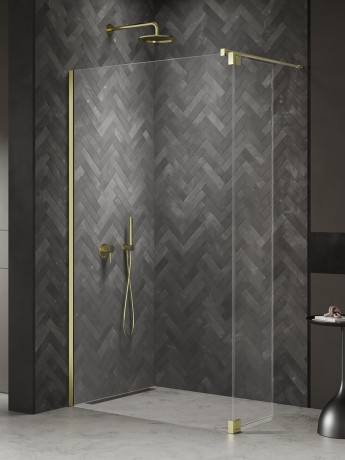 Przejdź do produktu Kabina walk-in o uniwersalnym montażu (dowolna strona), z dodatkowym skrzydłem wahadłowym; szerokość 70–140 cm, wysokość 200 cm.
