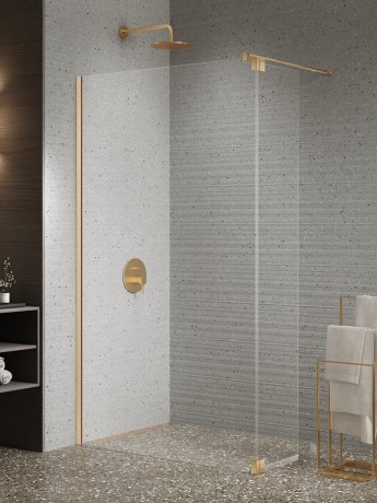 Przejdź do produktu Kabina walk-in o uniwersalnym montażu (dowolna strona), z dodatkowym skrzydłem wahadłowym; szerokość 70–140 cm, wysokość 200 cm.
