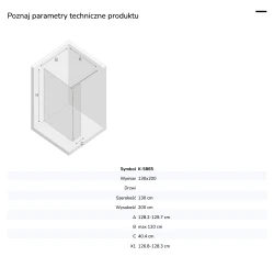 Kabina walk-in o uniwersalnym montażu (dowolna strona), z dodatkowym skrzydłem wahadłowym; szerokość 70–140 cm, wysokość 200 cm.