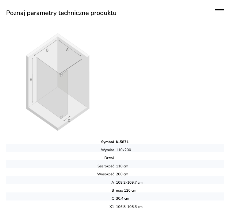 Kabina walk-in o uniwersalnym montażu (dowolna strona), z dodatkowym skrzydłem wahadłowym; szerokość 70–140 cm, wysokość 200 cm.