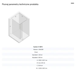 Kabina walk-in o uniwersalnym montażu (dowolna strona), z dodatkowym skrzydłem wahadłowym; szerokość 70–140 cm, wysokość 200 cm.
