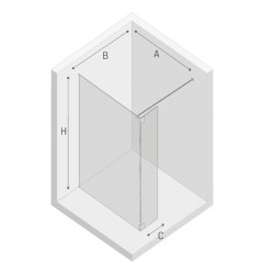 Kabina walk-in o uniwersalnym montażu (dowolna strona), z dodatkowym skrzydłem wahadłowym; szerokość 70–140 cm, wysokość 200 cm.