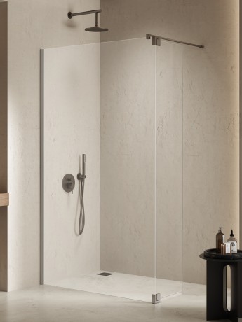 Przejdź do produktu Kabina walk-in o uniwersalnym montażu (dowolna strona), z dodatkowym skrzydłem wahadłowym; szerokość 70–140 cm, wysokość 200 cm.