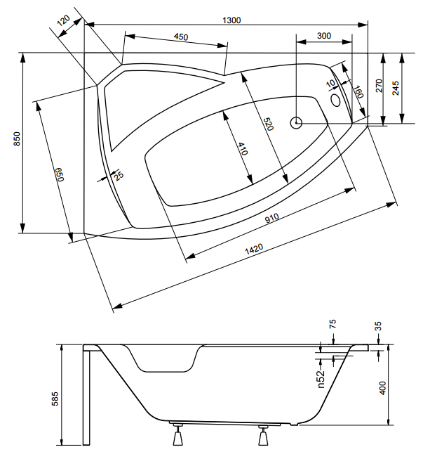 Wanna asymetryczna 130x85 cm Besco Rima 130 lewa rys. tech.