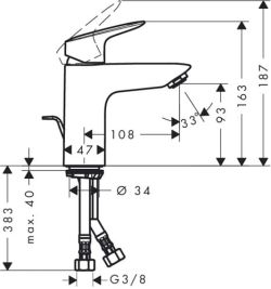 Jednouchwytowa bateria umywalkowa 100 bez kompletu odpływowego Hansgrohe Logis DN15 71103000 rysunek techniczny