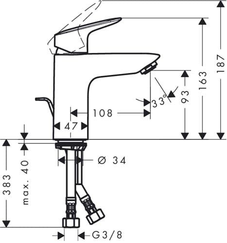 Jednouchwytowa bateria umywalkowa 100 bez kompletu odpływowego Hansgrohe Logis DN15 71103000 rysunek techniczny
