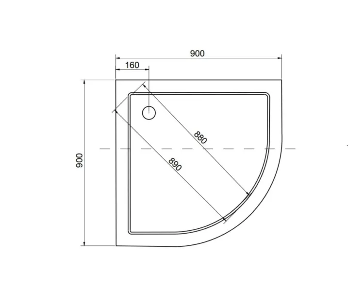 Brodzik półokrągły 90x90 cm Aron Slimline 90  rysunek techniczny.
