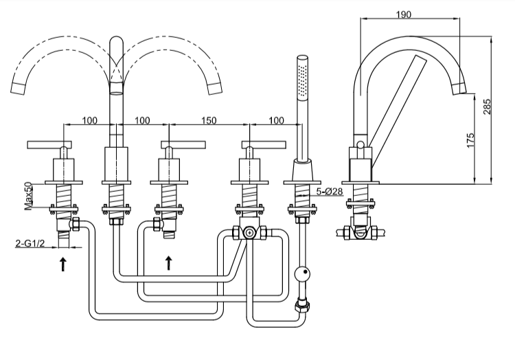 Bateria wannowa 5-otworowa Kohlman Roxin QB242R chrom rys. tech.