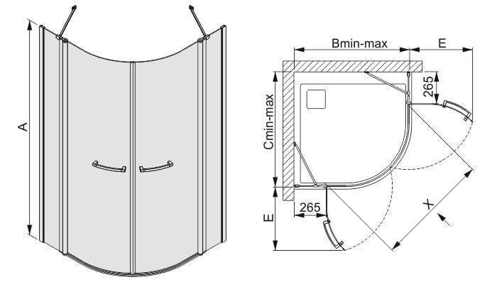 Sanplast KP4/PRIII Kabina narożna półokrągła 100x100 cm 600-073-0640-01-401 rysunek techniczny