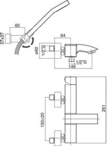 Bateria wannowo/ prysznicowa z zestawem natryskowym Paffoni Level LEC023CR rysunek technicznyc