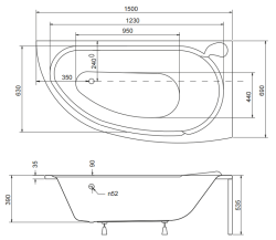 Wanna asymetryczna 150x70 cm Besco Mini prawa rys. tech.