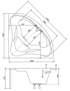 Wanna narożna 140x140 cm Besco Mia rys. tech.