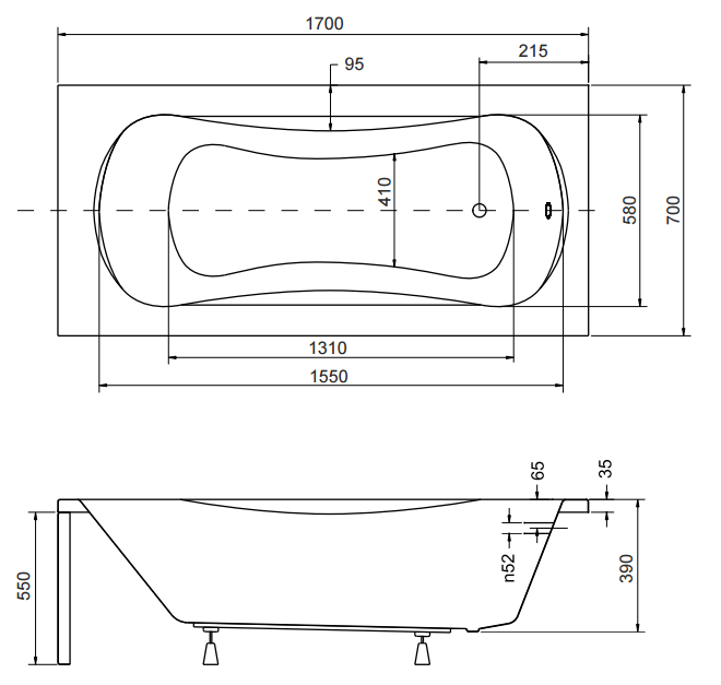 Wanna prostokątna z uchwytami 170x70 cm Besco Aria Plus 170 rys. tech.