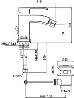 Bateria bidetowa chrom Paffoni Level LES135CR rysunek techniczny