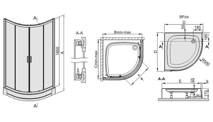 Sanplast KP4/TX5+BPza Kabina narożna półokrągła 90x90 cm 602-270-0262-01-400 rysunek techniczny