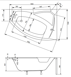 Wanna asymetryczna 160x100 cm Besco Rima 160 prawa rys. tech.