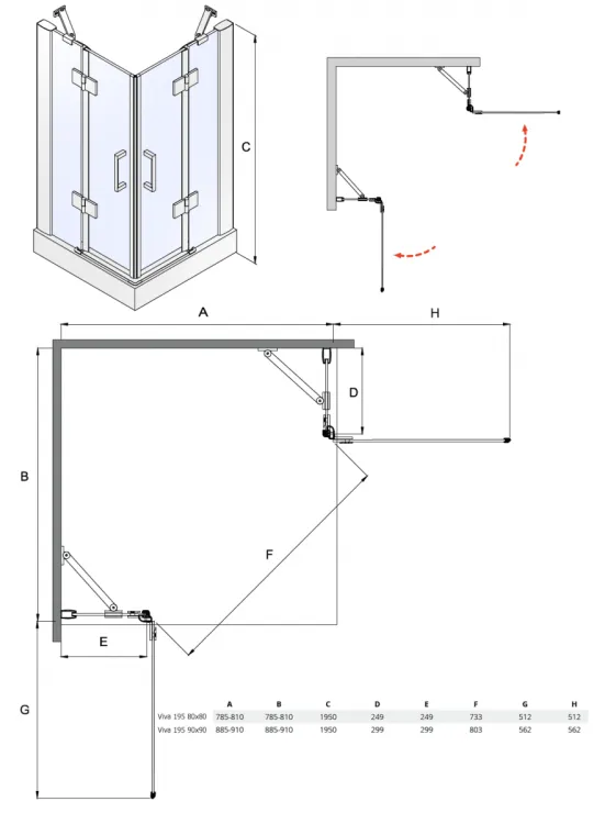 Kabina prysznicowa kwadratowa 90x90x195 cm Besco Viva 195 rys. tech.