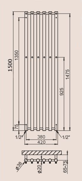 P.M.H. Rosendal R2C/6 Grzejnik łazienkowy chrom 42 x 150 cm rysunek techniczny