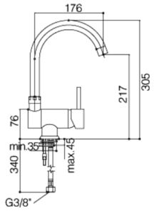 Bateria zlewozmywakowa pionowa Paffoni Stick SK189CR rysunek techniczny
