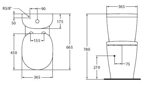 Kompakt WC z deską wolnoopadającą Ideal Standard Connect Cube E803701+E797001+E712701 rysunek techniczny