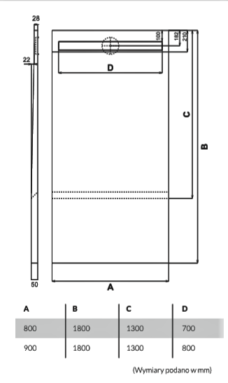 Brodzik podpłytkowy 130+50x90x12,5cm Schedpol Base z odpływem liniowym do wypełnienia kaflem 10.034/OLPL rys.tech.