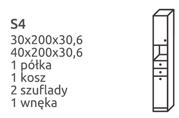 Słupek łazienkowy z MDF wysoki S4 z drzwiczkami, szufladami, wnęką oraz z koszem RYSUNEK TECHNICZNY