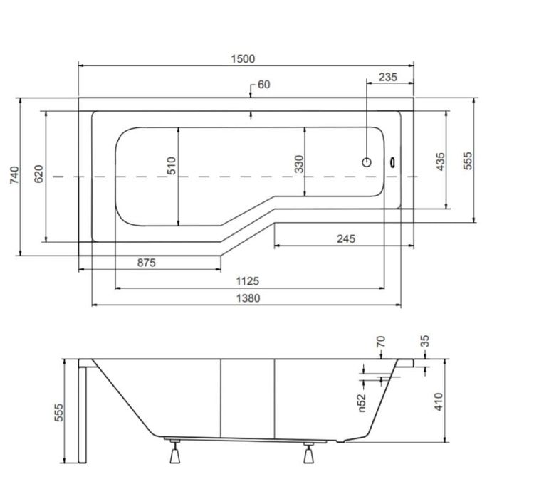Kabino-wanna prostokątna 150x75 cm Besco Integra 150 lewa parawan 3 ścienny rysunek techniczny.