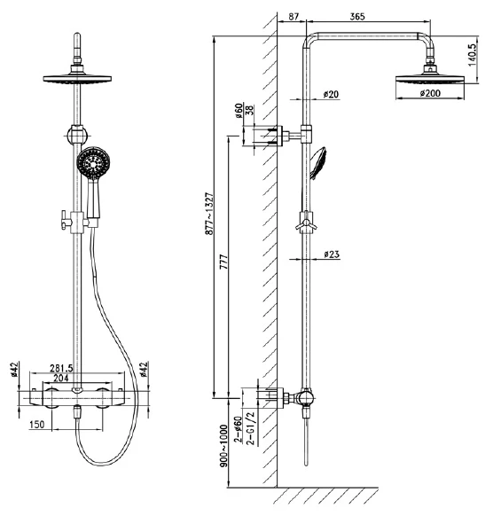 Zestaw prysznicowy z okrągłą deszczownicą 20 cm, baterią termostatyczną i słuchawką prysznicową kompletny Sapho Kimura KU322 chrom