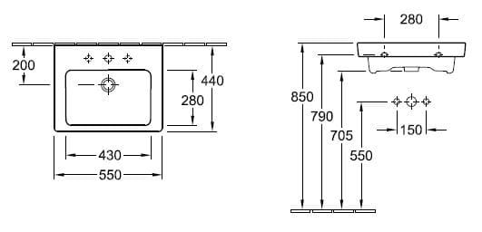 Villeroy&Boch Subway 2.0 umywalka meblowa 55x44 cm 7113F501 rysunek techniczny