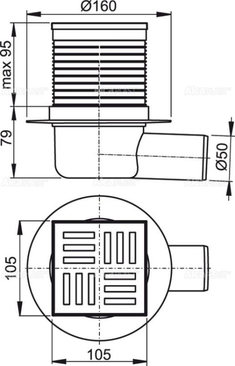 Kratka ściekowa plastikowa 105x105/50 mm odpływ boczny Alcaplast APV5111