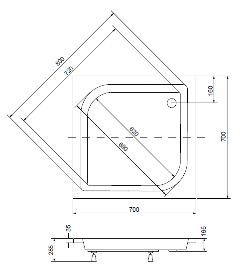 Brodzik kwadratowy 70x70x28,5 cm Besco Ares 70 rys. tech.