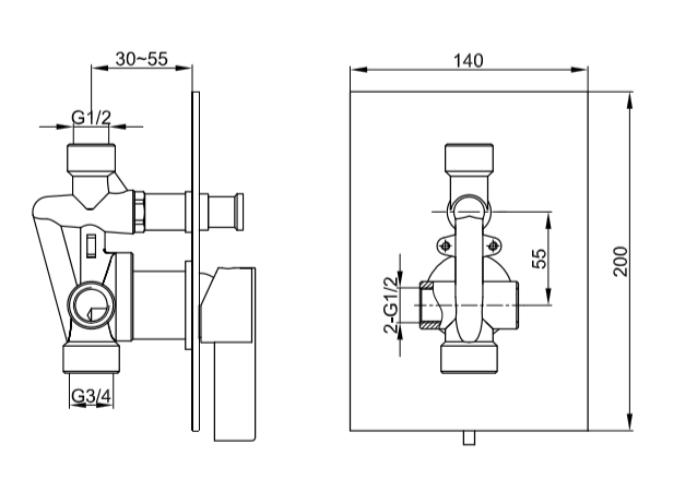 Bateria prysznicowa podtynkowa 2-drożna Kohlman Dexame QW210D chrom rys. tech.