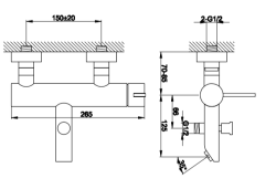 Bateria wannowa ścienna Kohlman Dexame QW110D chrom rys. tech.
