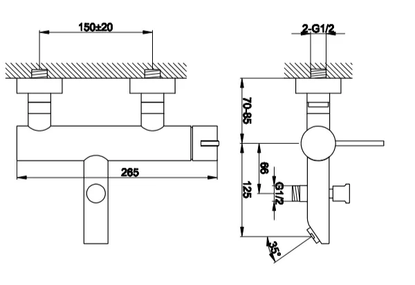 Bateria wannowa ścienna Kohlman Dexame QW110D chrom rys. tech.