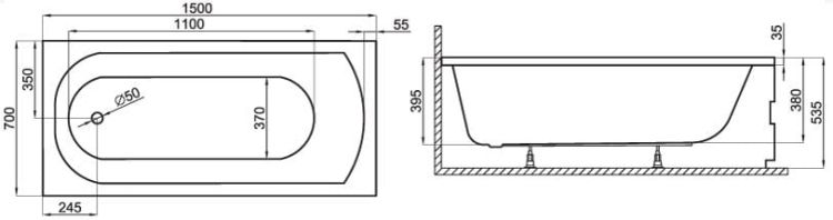 wanna 150x70 cm Polimat rys. tech.