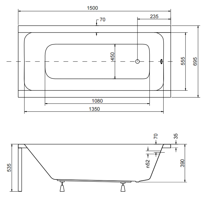 Wanna prostokątna 150x70 cm Besco Modern 150 rys.tech.