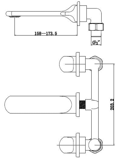 Bateria umywalkowa 3-otworowa ścienna Vedo Cento VBC 1011 rysunek techniczny