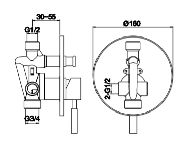 Bateria podtynkowa Kohlman Roxin QW210R chrom rys. tech.