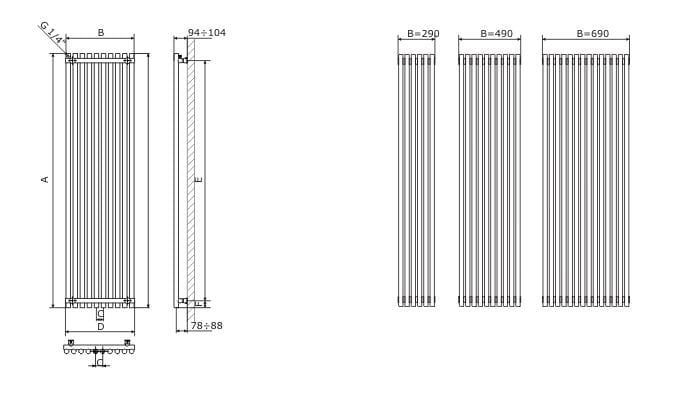 Grzejnik dekoracyjny pionowy 69x180 cm Terma Tune 1800x690 rysunek techniczny