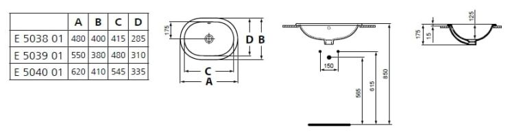 Umywalka wpuszczana w blat 55x43 cm Ideal Standard Connect E504701 rysunek techniczny