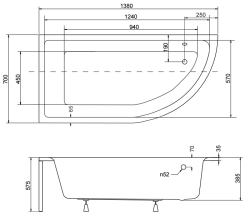 Wanna asymetryczna Besco 140x70 cm Praktika 140 lewa rys. tech.