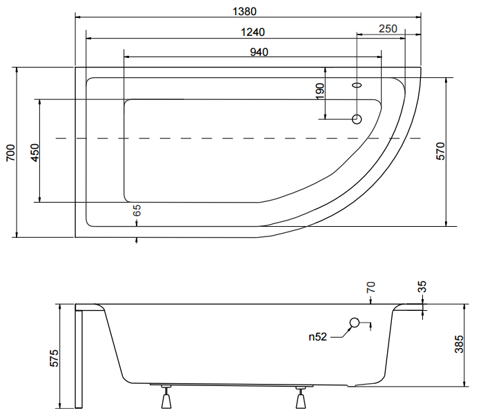 Wanna asymetryczna Besco 140x70 cm Praktika 140 lewa rys. tech.