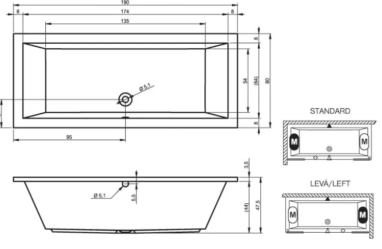 Wanna prostokątna Lusso 190x80cm B015001005 rys.tech