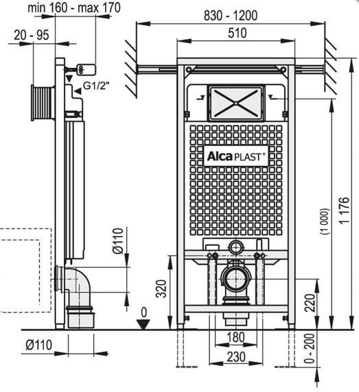 stelaż podtynkowy z belką rozporową Alcpaplast A102-1200mm rysunek techniczny.JPG