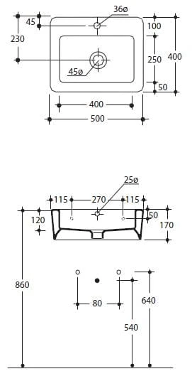 Umywalka podwieszana 50x17x40 cm Kerasan Ego 324101 rys. tech.