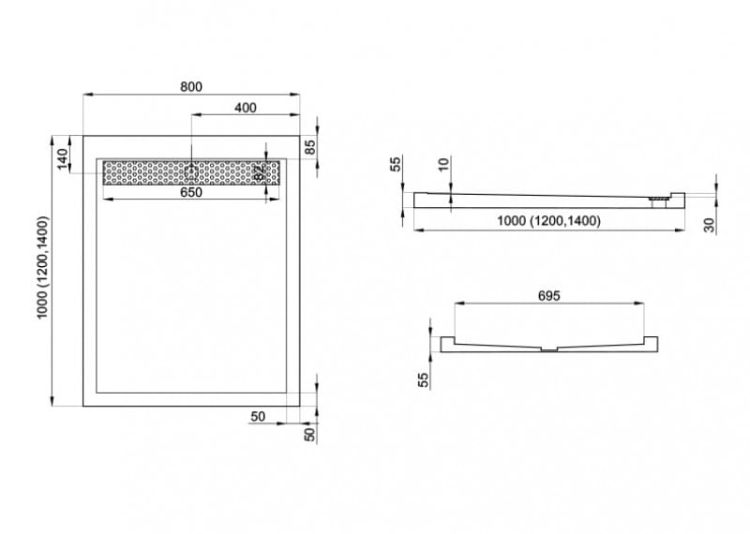 Brodzik prostokątny płaski 120x90 cm z rusztem WEST Polimat 00843 - rysunek techniczny