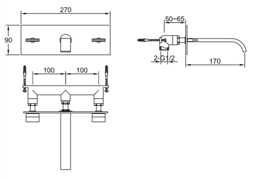 Bateria umywalkowa podtynkowa z wylewką 17 cm Kohlman Axis QW195N chrom rys. tech.