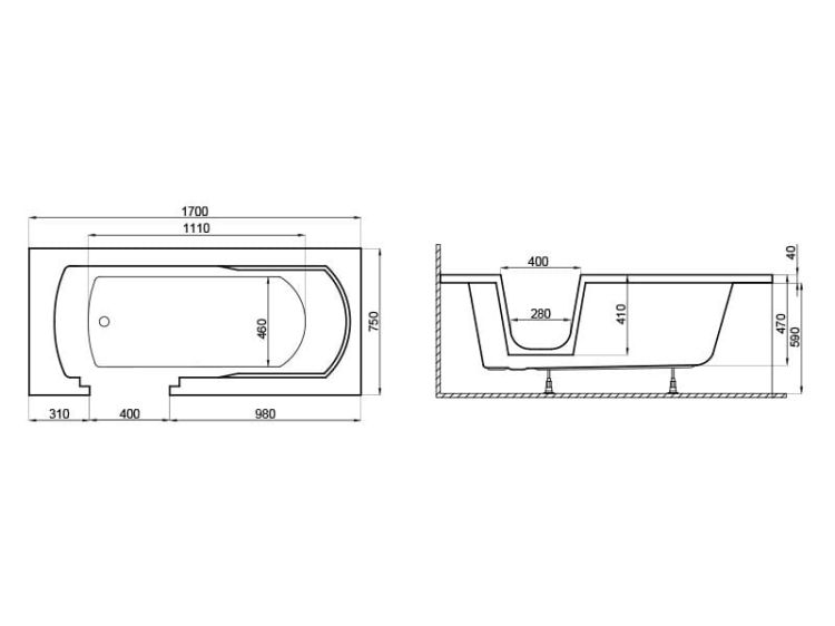 Wanna prostokątna dla niepełnosprawnych 170x75 cm Polimat VOVO 00894 - rysunek techniczny