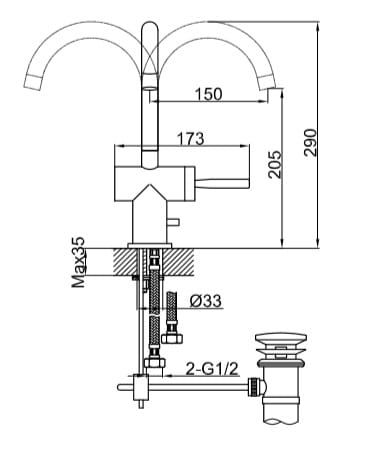 Bateria umywalkowa Kohlman Maxima QB150M chrom rys. tech.